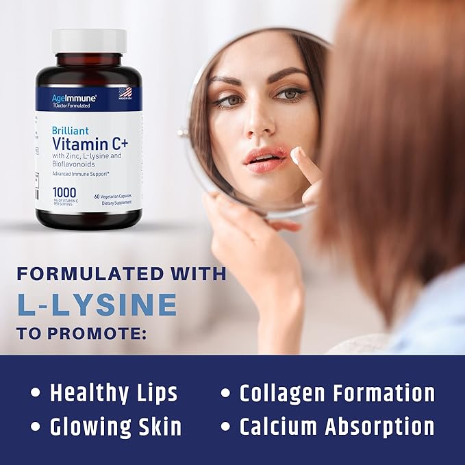 Vitamin C 1000mg Complex with L-Lysine 500mg, Zinc Gluconate 12mg, Bioflavonoids 300mg. Doctor Formulated Magnesium Stearate Free Supplements for Healthy Immune System Support. Two Bottles.(2)