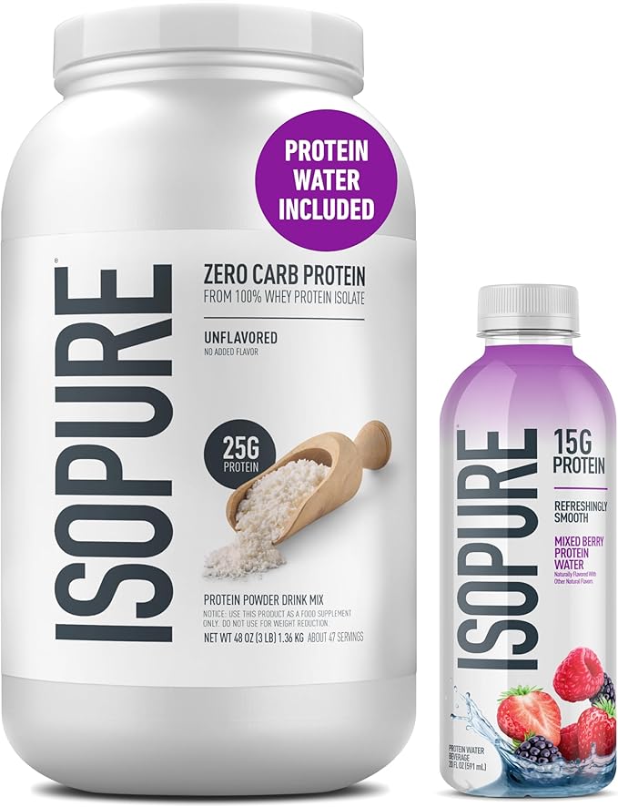 Isopure Zero Carb 100% Pure Whey Isolate Unflavored Protein Powder 3 Lbs + 1 Bottle of Clear Protein Water with Electrolytes, 15g Whey Protein Isolate, Zero Sugar, Mixed Berry, 20 fl oz Bottle