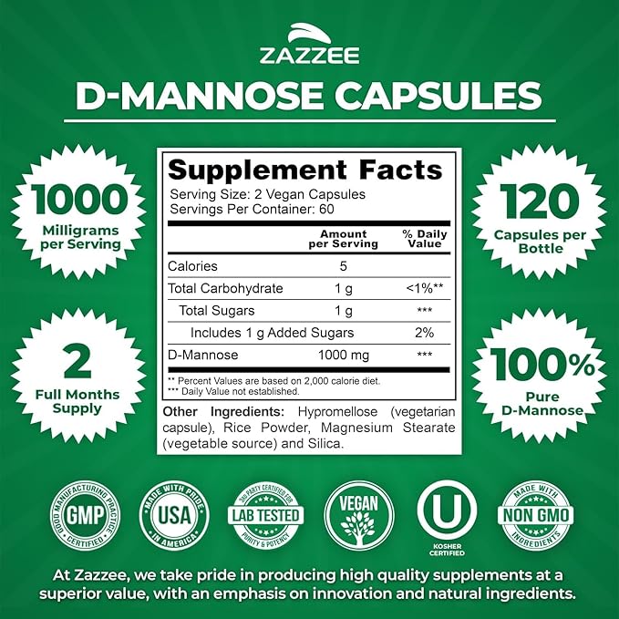 Zazzee Urinary Tract Cleanse Bundle | Fast Acting D-Mannose 1000mg Capsules Plus USDA Organic Cranberry Extract Capsules for Women | Non-GMO Vegan & ISO Lab Tested (60 Servings Each)