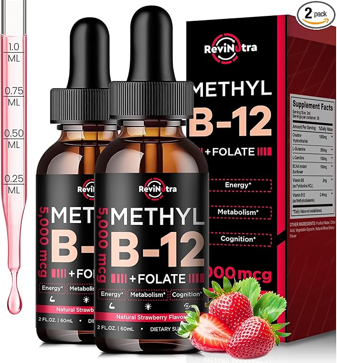 (2 Pack) Vitamin B12 liquid Drops, B12 vitamins 5000 mcg, Vitamin B Complex Supplement with Methylcobalamin B12 Sublingual, Vitamin B6, Folate for Energy, Brain, Heart Health, Vegan Strawberry Flavor