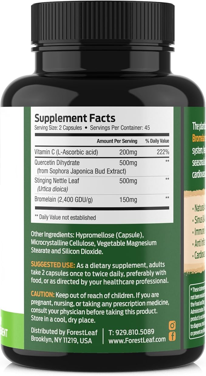 ForestLeaf Quercetin with Bromelain 1350mg - Blend with Vitamin C & Stinging Nettle Supplement, Quercetin 500mg Capsules, Non-GMO Gluten Free, Natural Function, 90 Veggie Caps