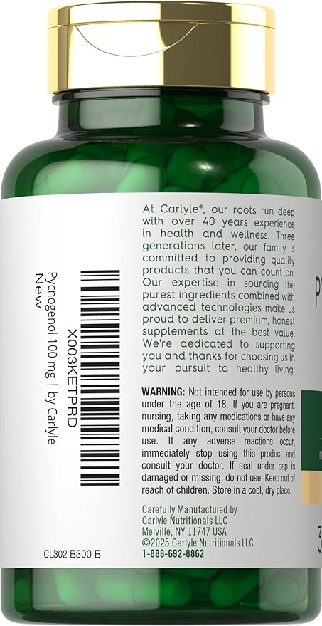 Carlyle Pycnogenol 100mg | 30 Capsules | French Maritime Pine Bark Extract | Pinus Pinaster | Non-GMO and Gluten Free Supplement