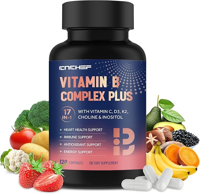 17-in-1 Vitamin B Complex Plus – Vitamin B1, B2, B3, B4, B5, B6, B7 (Biotin), B8 (Inositol), B9, B12, C, D3, K2, Energy, Immune, Skin, Nerve Support for Men & Women - 120 Capsules