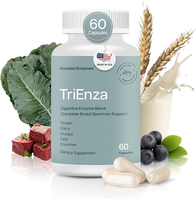 Houston Enzymes TriEnza - Digestive Enzyme Supplement for Gluten, Casein, Soy, Proteins, Carbohydrates, Fats & Polyphenols - Digestive Enzymes for Women & Men (60 Capsules)