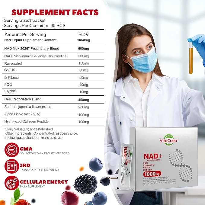 1000mg NAD+ Supplement Liquid with Organic Resveratrol, Nicotinamide Riboside & PQQ, CoQ10, ALA, Boost Energy Focus, DNA Repair & Activate Longevity Cells, NAD Resveratrol for Men & Women