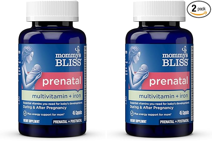Mommy's Bliss Prenatal Multivitamin with Iron and Folic Acid, Supports Baby Development + Mom Immune System & Energy Levels w/B Vitamins & Probiotics, Vegan & Gluten Free (45 Servings),(Pack of 2)