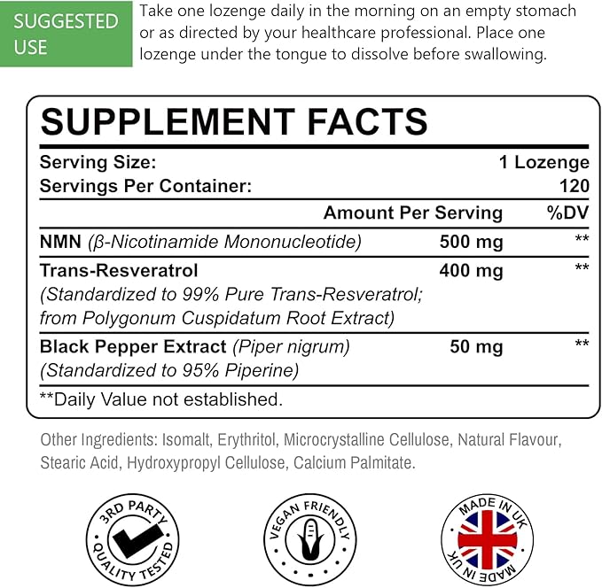 Sublingual NMN 500mg + Trans-Resveratrol 400mg, 3-in-1 Advanced Formula 99% Pure NMN Resveratrol Supplement for Boost* NAD, Cell, Immune, Energy & Muscle, Anti-Aging, 120 Lozenges (120-Day Supply)