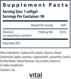 Vital Nutrients Natural Beta Carotene 25,000IU - Precursor to Vitamin A - High-Dose Antioxidant - Vision, Skin, and Health Support - Gluten, Dairy, Soy Free - 90 Softgels