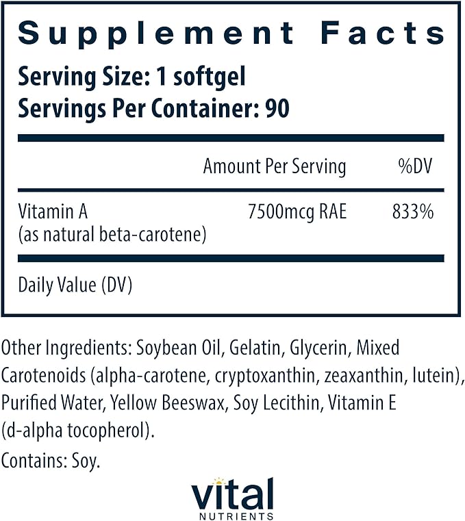Vital Nutrients Natural Beta Carotene 25,000IU - Precursor to Vitamin A - High-Dose Antioxidant - Vision, Skin, and Health Support - Gluten, Dairy, Soy Free - 90 Softgels