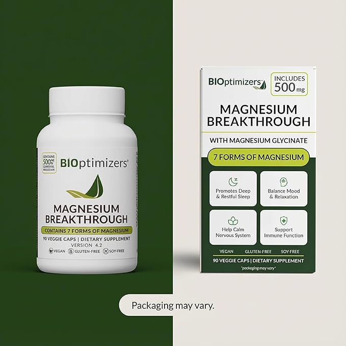 BIOptimizers Magnesium Breakthrough Supplement with 500mg - 7 Forms of Magnesium: Glycinate, Malate, Citrate, and More - Natural Support for Sleep and Cognitive Function -90 Capsules- Calming Vitamins