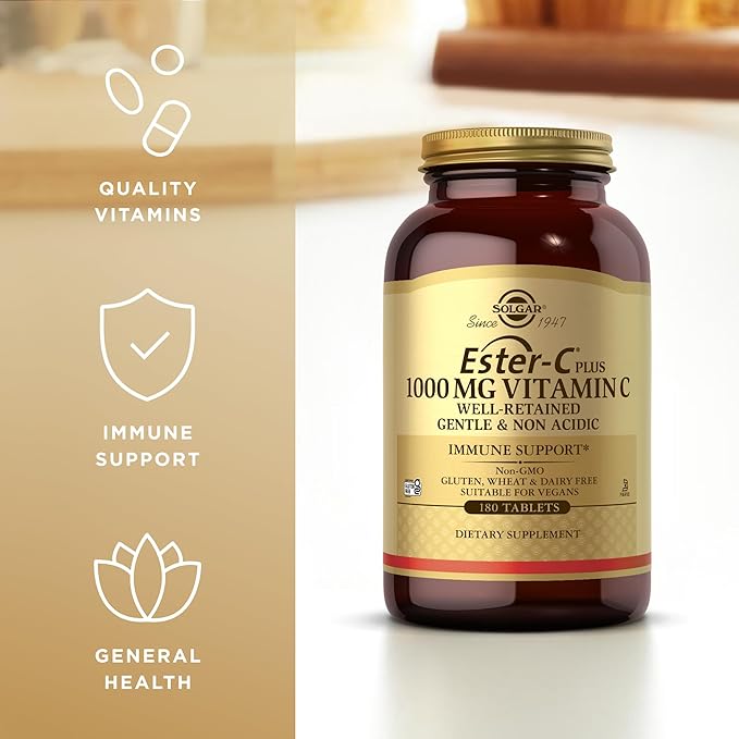 Solgar Ester-C Plus 1000 mg Vitamin C (Ascorbate Complex) - 180 Tablets, Pack of 2 - Gentle & Non Acidic - Supports Upper Respiratory Health - Non-GMO, Gluten Free - 360 Total Servings