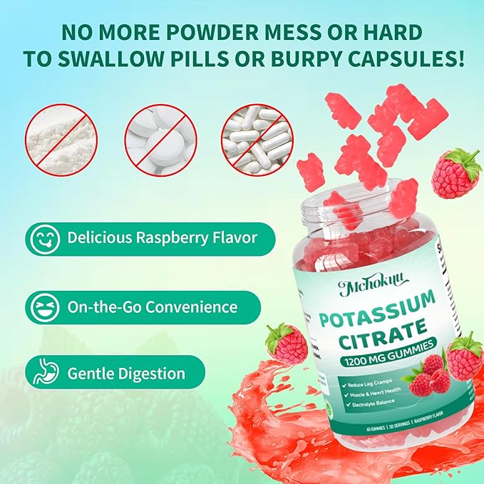 Potassium Citrate Supplement Gummies, Potassium Supplements for Women & Men, Helps Maintain Muscle Wellness & Electrolyte Balance, Vegan, Raspberry Flavor, 120 Count Potassium Gummies