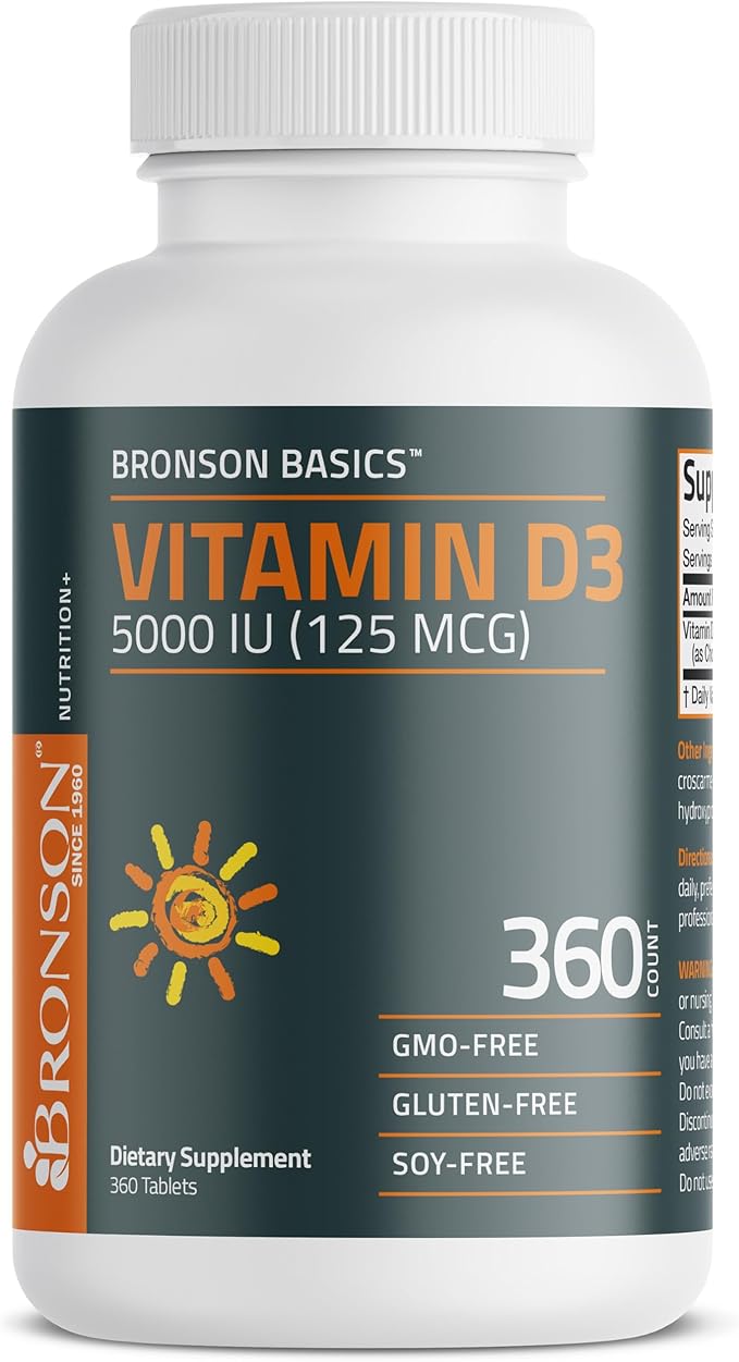 Bronson Vitamin D3 5000iu (125mcg) Healthy Muscle Function and Immune Support, Non-GMO, 360 Tablets