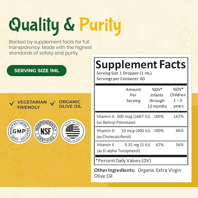 Kiddivit Baby Vitamin A&D Liquid Drops with Vitamin E – Gentle Immune & Vision Support Supplement – 60 Daily Servings, Dropper Included, Glass Bottle – Sugar Free, Gluten Free, Vegetarian, 2oz