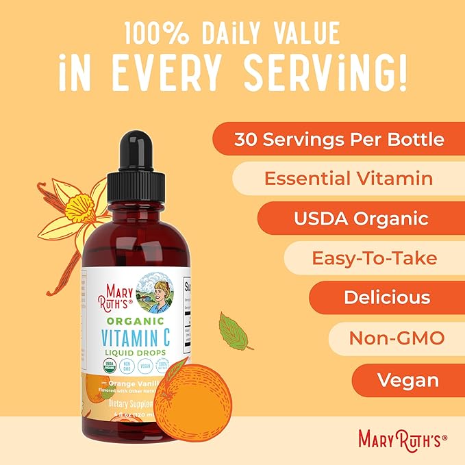 MARYRUTH'S Organic Vitamin C Supplement | Liquid Vitamin C Liquid Drops for Adults & Kids | Immune Support Supplement for Overall Health | Vegan | Non-GMO | Gluten Free | 4 Fl Oz
