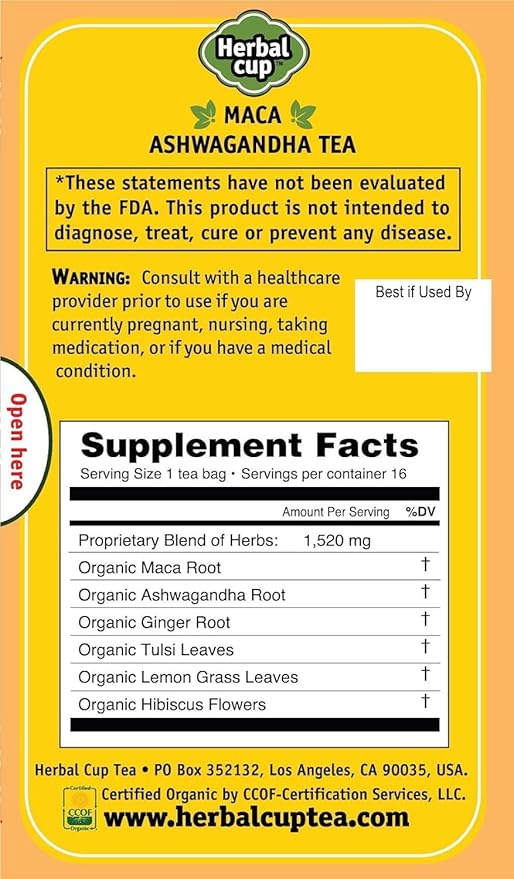 Herbal Cup Ayurveda Maca Tea, Organic Ashwagandha, No Caffeine Herbal Teas (16 Count, Pack of 3)