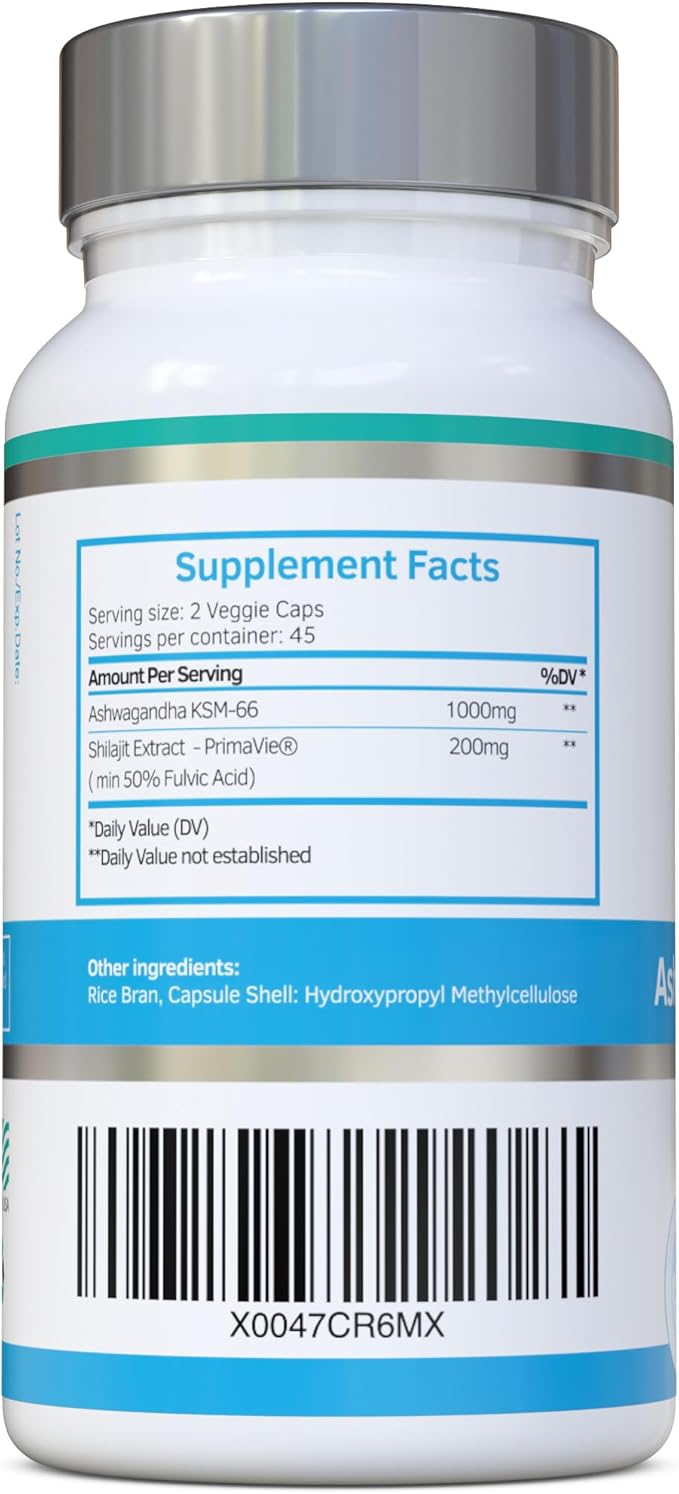 Ashwagandha & Shilajit - Ashwagandha KSM-66 1000mg & Purified Shilajit Extract 200mg (50% Fulvic Acid) - No Artificial fillers, Binders or Flow Agents - Suitable for Vegans