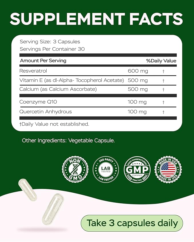 Resveratrol Supplement 1800mg Complex - COQ10, Quercetin, Vitamin E, Calcium Ascorbate - Powerful Antioxidant Formula for Enhanced Energy Heart Health & Healthy-Aging Support Trans Resveratrol 90 Caps