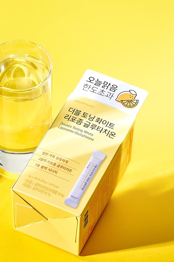 Double Toning White Liposome Glutathione Korean Beauty Supplement – Liposomal L-Glutathione, Vitamin C 500 mg, Vitamin E, Biotin & Fish Collagen 500 mg, Lime-Lemon Flavor – 30 Packets
