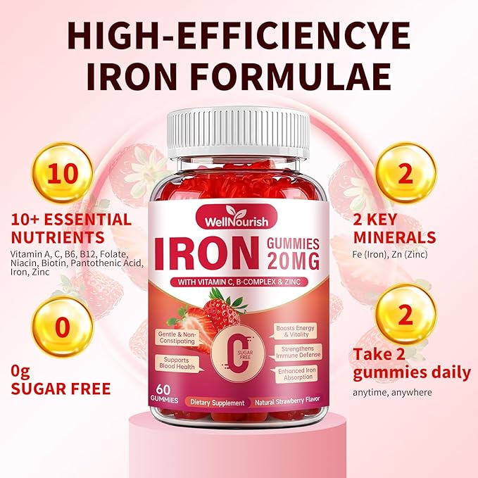 2 Pack Iron Gummies for Women & Kids, Sugar Free with Vitamin C, 20mg Gentle Iron for Whole Family, Non-Constipating, Blood Builder B12 & Folate, Energy Support, Strawberry 120 Count