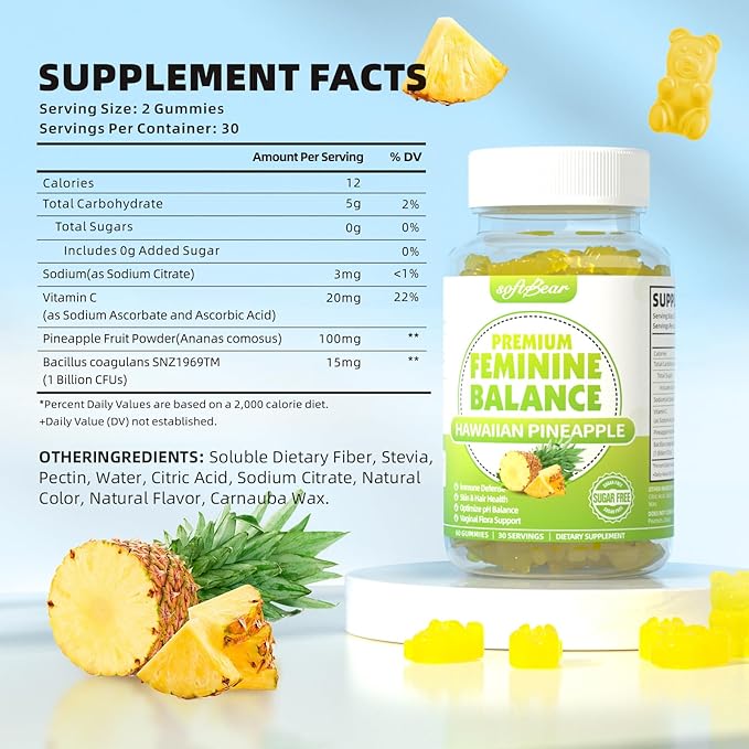 softbear Premium Feminine Balance Gummies for Women, Pineapple PH Balance Gummies for Women's Healthy Odor, Flora, Vaginal, Immune Support, Vegan, Gluten-Free, 60 Gummies