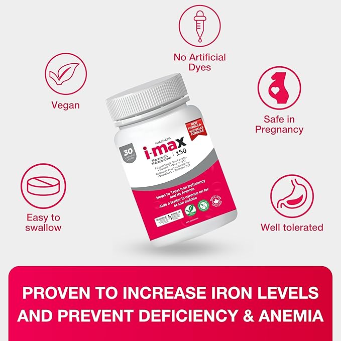 i-max Iron Supplement 150 mg, Vitamin C 250 mg & B12 1000 mcg, Iron Supplement for Women & Men, No Artificial Dyes, Vegan, Once Daily, 30 Capsules