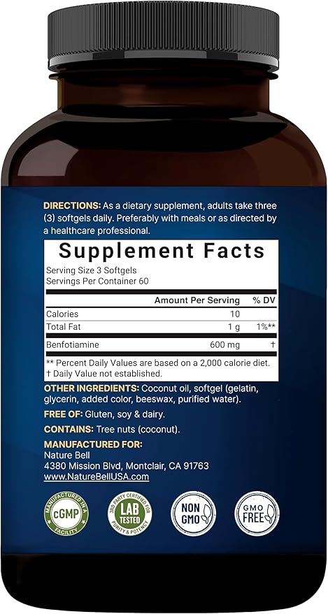 NatureBell Benfotiamine (Fat-Soluble Vitamin B1), Coconut Oil Softgels, 180 Count – 600 mg Per Serving – Non-GMO, cGMP Manufactured