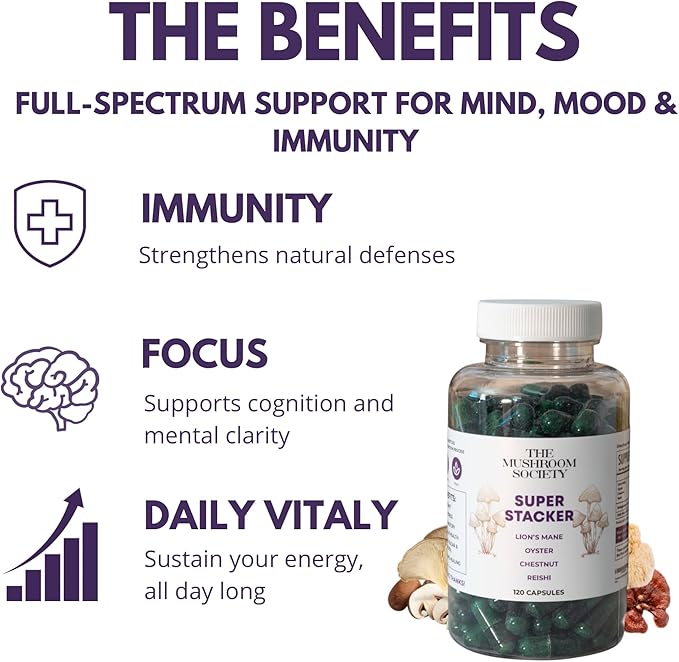 Super Stacker - 4-in-1 Mushroom Supplement Wellness Blend - Lion’s Mane, Oyster, Chestnut & Reishi - Immune, Focus & Daily Vitality - 120 Vegan Capsules