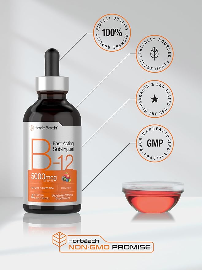 Horbaach B12 Vitamin 5000 mcg Sublingual | 4 Fl Oz | as Methylcobalamin and Cyanocobalamin | Liquid Vegetarian Drops | Berry Flavor | Non-GMO & Gluten Free Supplement