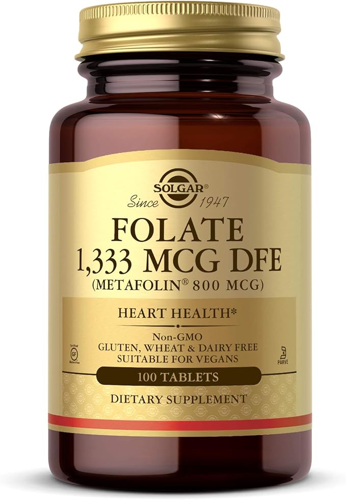 Solgar Folate 1,333 mcg DFE (Metafolin 800 mcg) - 100 Tablets - Prenatal Vitamin - Non-GMO, Gluten Free, Dairy Free, Kosher - 100 Servings