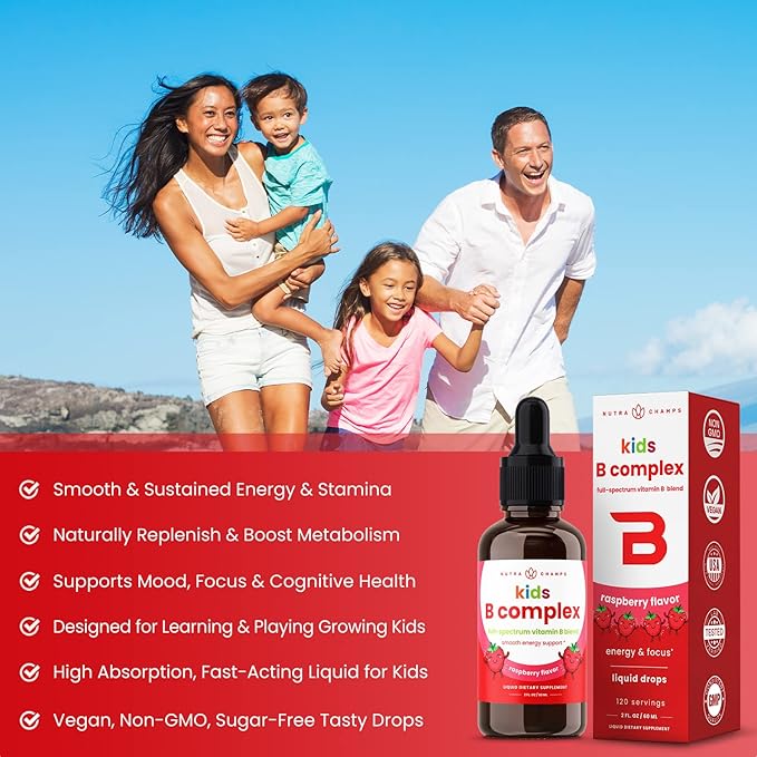 NutraChamps Vitamin B Complex for Kids, B1, B2, B3, B6, B7, B9 & Methyl B12, Kids B Complex Liquid Drops Supplement, Energy, Focus, Metabolism, Natural Berry, 120 Servings, 4 Month Supply (Pack of 2)