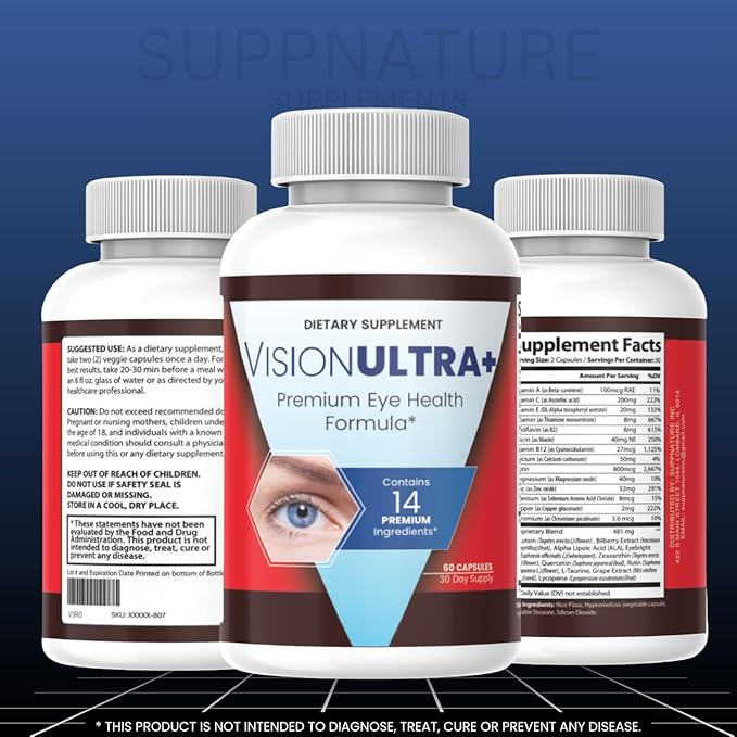 (3 Pack) Official VisionUltra+ Eye Health Support Supplement Premium Blend*, Vision Ultra+ Capsules Eye Health Formula with Lutein, Beta-Carotene, Vitamin B12 and Zinc, 180 Capsules