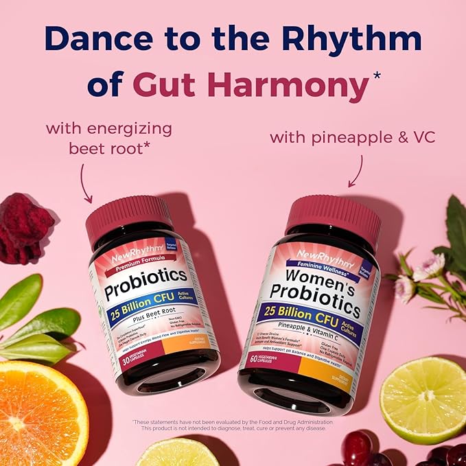 NewRhythm Probiotics for Women & Men 25 Billion CFU, with Organic Beet Root Extract, Nitric Oxide, Circulation, Energy & Heart Health, All Natural, Vegan, Non-GMO, 30 Caps