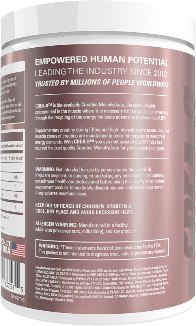 EHP Labs CREA-8 Creatine Monohydrate Powder - Unflavored Creatine Powder for Muscle Growth, Increased Strength, Enhanced Energy Output and Improved Performance - 50 Servings (250g)