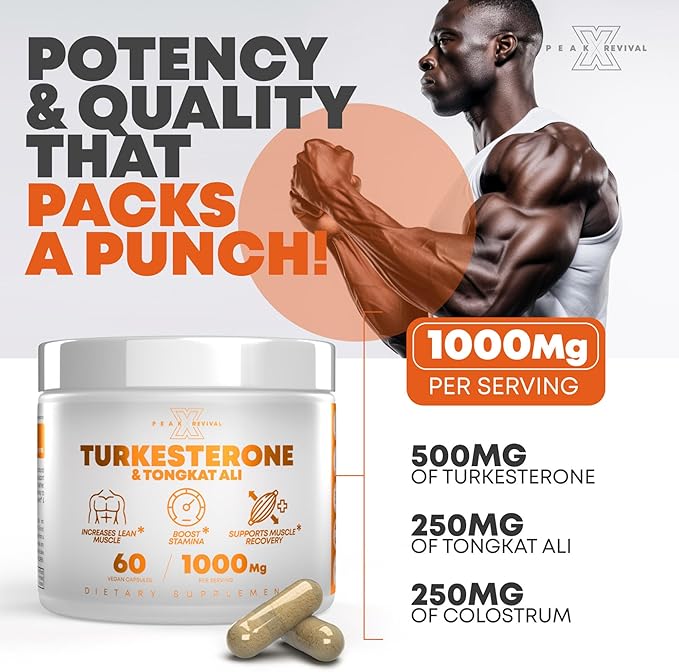 Turkesterone Tongkat Ali Supplement (500mg Ajuga Turkestanica + 250mg Tongkat Ali) 60 Capsules-Turkesterone Supplement 1000mg - Muscle Strength & Recovery Support - Made in The USA BY Peak Revival-X