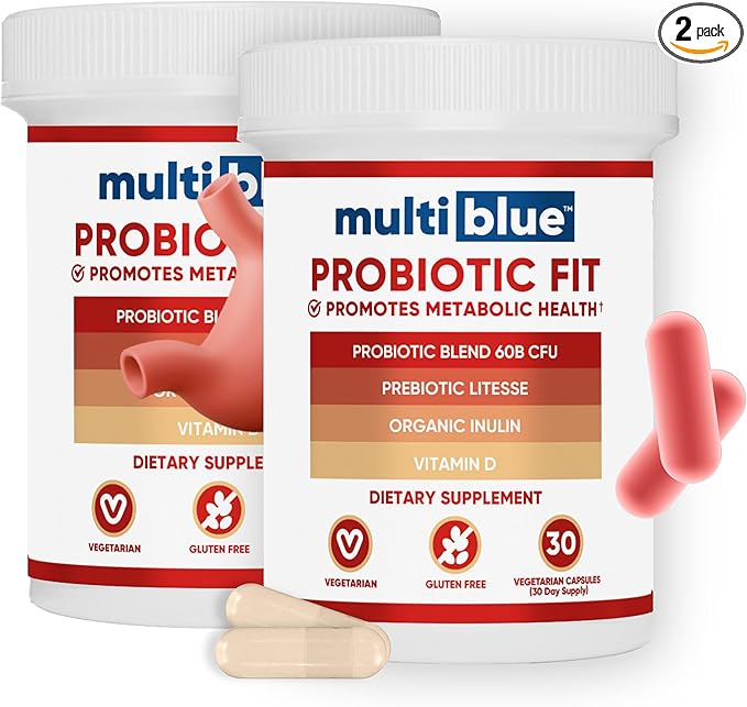 MultiBlue Probiotic Fit – Supports Natural GLP-1 & Appetite Control for Women & Men, Bifidobacterium B-420, Digestive & Gut Health, 10 Probiotic Strains, 60 Billion CFU, Prebiotic + Vitamin D3, 60ct