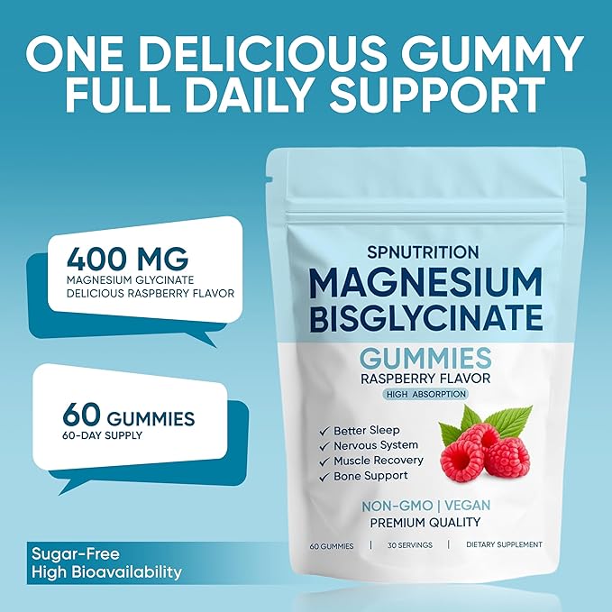 Spnutrition Magnesium Bisglycinate Gummies, with 400mg Magnesium Bisglycinate Chelate, Sea Salt, Raspberry Fruit Powder, Improve Sleep & nervous, Relax Muscles, Strengthen Bones, Vegan, 60 Gummies (1)