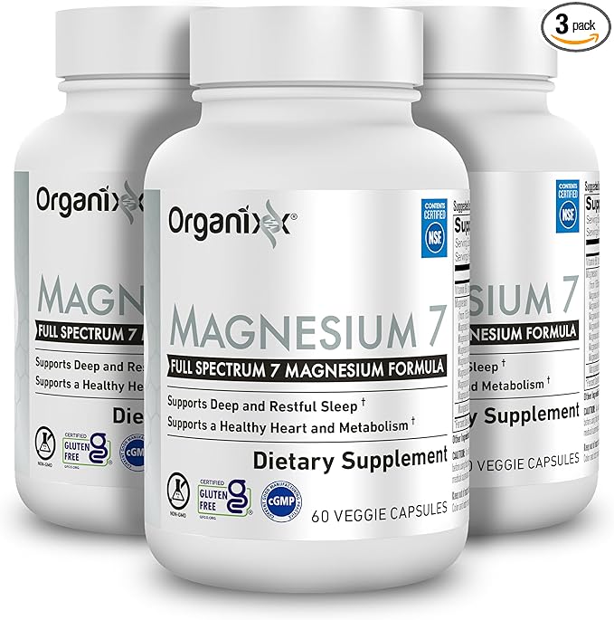 Organixx Magnesium 7 Supplement, Natural Magnesium Capsules for Sleep Support, Muscle Recovery, with Vitamin B6 and Manganese Citrate and Glycinate, Vegan, Non GMO, 180 Count (60 Capsule 3 Pack)