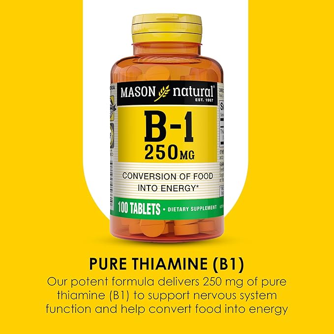 MASON NATURAL Vitamin B,1 Thiamine 250 mg, 100 Day Supply Dietary Supplement, Easy,to,Swallow Tablets, Support Energy Production & Healthy Metabolism
