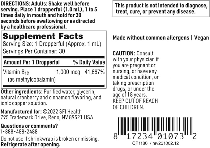 Klaire Labs SFI Health Vitamin B12 Liquid Drops 1mg - Methyl B12 Drops, 1000mcg Active Methylcobalamin - Liquid Delivery for Efficient Absorption - Hypoallergenic (30ml / 1 fl oz)