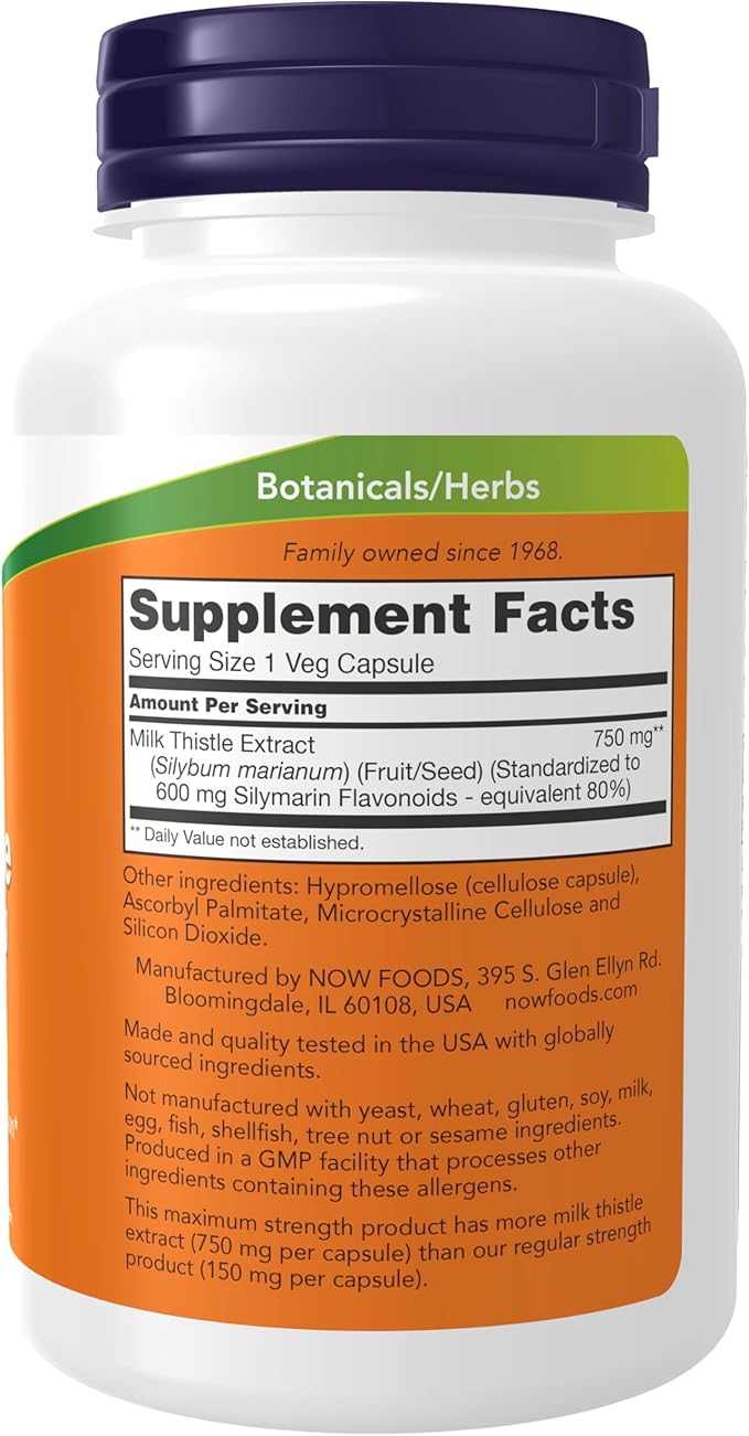 NOW Foods Milk Thistle Extract 750 mg Silymarin (600 mg), Maximum Strength - 90 Veg Capsules, (Pack of 2)