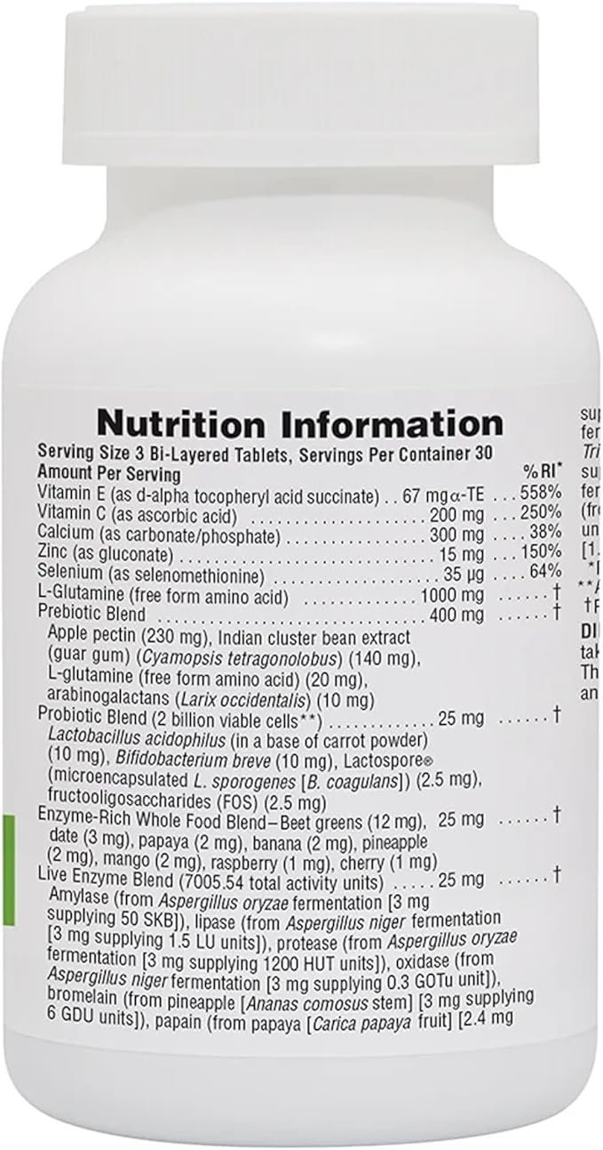 NaturesPlus GI Natural Total Digestive Wellness - 90 Bi-Layered Tablets - with L-Glutamine, Probiotics, Prebiotics & Enzymes - Gluten Free - 30 Servings