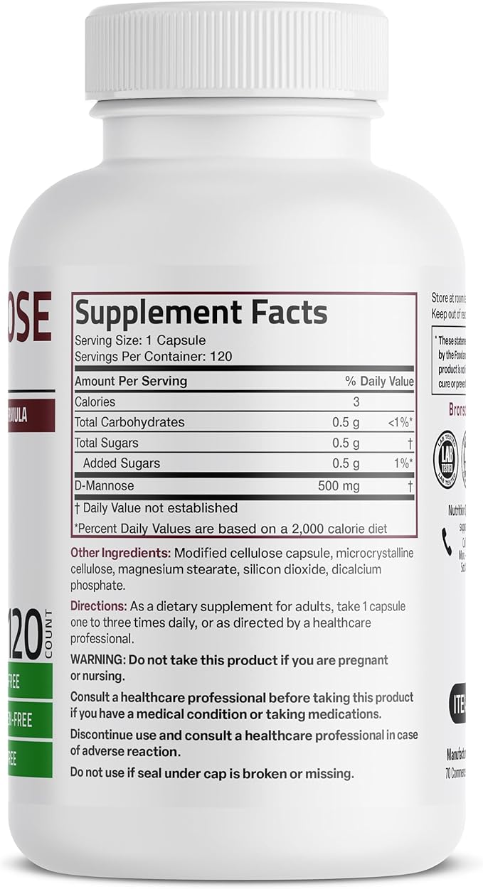Bronson D-Mannose 500 MG Vegetarian Friendly Formula Non-GMO, 120 Capsules