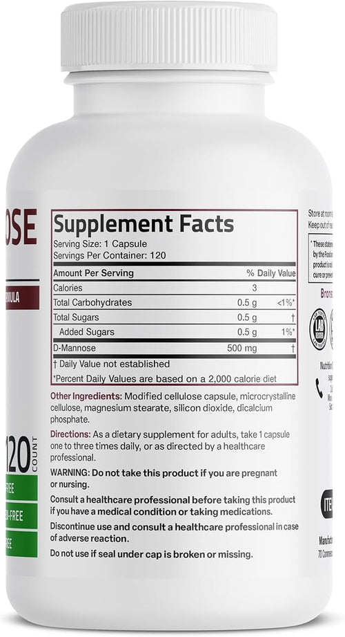 Bronson D-Mannose 500 MG Vegetarian Friendly Formula Non-GMO, 120 Capsules
