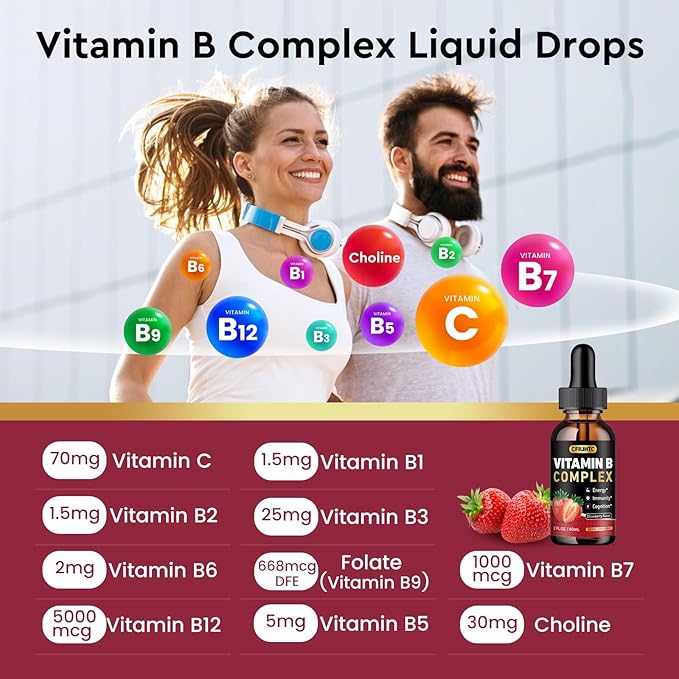 CFILIHTC Vitamin B Complex Liquid Drops, B Vitamins Complex Supplement with B1, B2, B3, B5 B6, B7, B9 & Methyl B12 Drops for Adults & Kids, Vegan, Strawberry Flavor