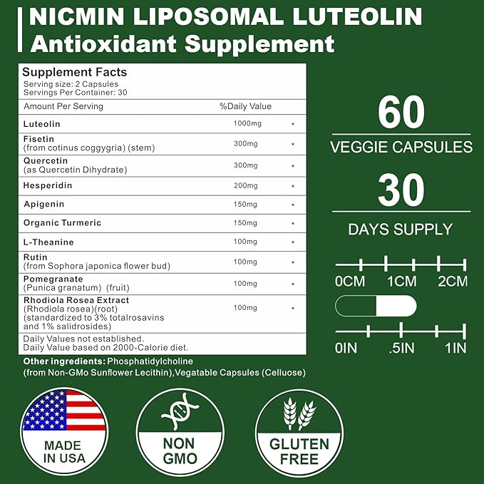 1000MG Liposomal Luteolin, Maximum Absorption, Potent Luteolin Supplement 180 Capsules