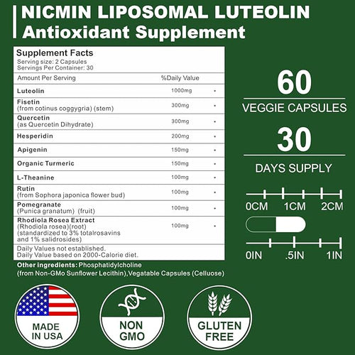 1000MG Liposomal Luteolin, Maximum Absorption, Potent Luteolin Supplement 180 Capsules