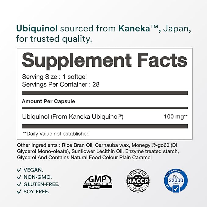 Kaneka™ Ubiquinol 100mg | Boosts Energy, Supports Heart & Cellular Health | Active CoQ10 for Healthy Aging |GMP Certified | 28 Softgels (Pack of 1)