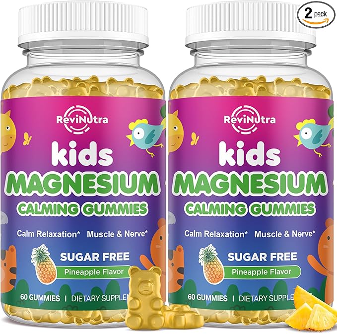 2 Pack Kids Magnesium Gummies, Magnesium Glycinate Gummies for Kids & Adults with L-Theanine, Chamomile, Licorice, Vitamin D, B6 for Sleep, Relaxation, Brain & Muscle, Sugar Free Pineapple
