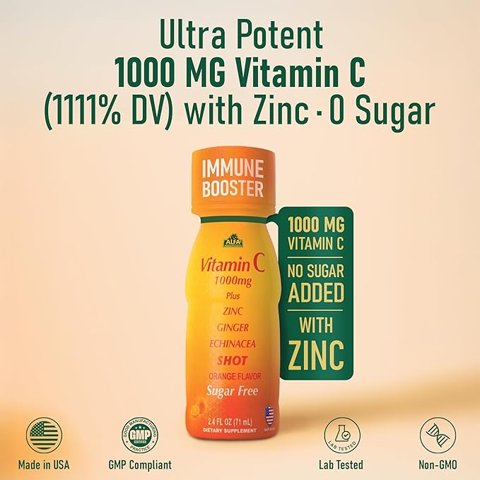 ALFA VITAMINS Vitamin C Shot 1000mg with Zinc, Ginger & Echinacea – Supports Immune Health & Daily Wellness – Orange Flavor – 2.4 FL Oz Bottle – 80 Pack